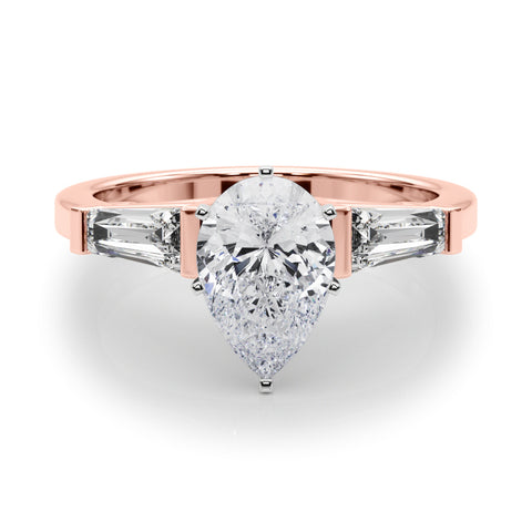 Rose gold Pear Cut Diamond Solitaire Ring with Tapered Baguette Accents and Four-Prong Setting