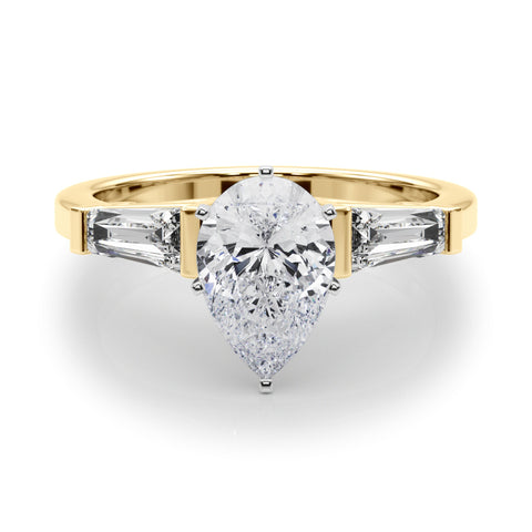 Yellow gold Pear Cut Diamond Solitaire Ring with Tapered Baguette Accents and Four-Prong Setting