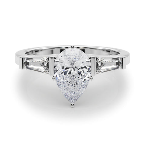 White gold Pear Cut Diamond Solitaire Ring with Tapered Baguette Accents and Four-Prong Setting