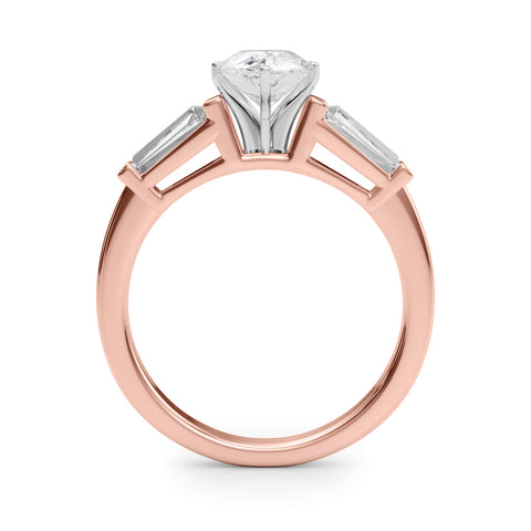 Rose gold Pear Cut Diamond Solitaire Ring with Tapered Baguette Accents and Four-Prong Setting