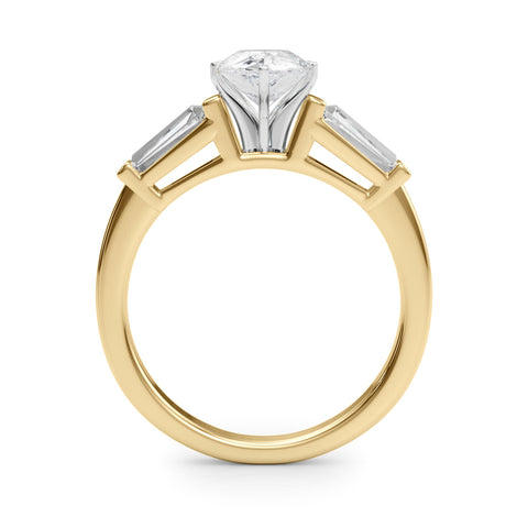 Yellow gold Pear Cut Diamond Solitaire Ring with Tapered Baguette Accents and Four-Prong Setting