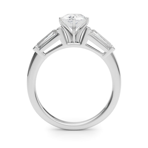 White gold Pear Cut Diamond Solitaire Ring with Tapered Baguette Accents and Four-Prong Setting