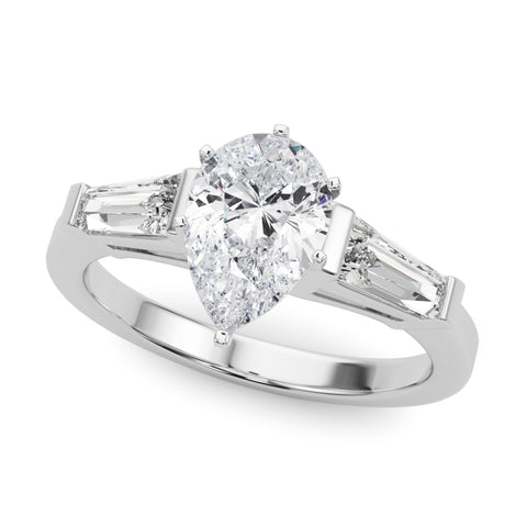 White gold Pear Cut Diamond Solitaire Ring with Tapered Baguette Accents and Four-Prong Setting