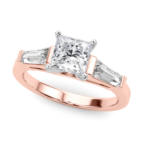 Rose gold Princess Cut Diamond Solitaire Ring with Tapered Baguette Accents and Four-Prong Setting