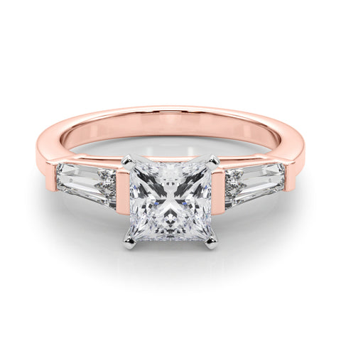 Rose gold Princess Cut Diamond Solitaire Ring with Tapered Baguette Accents and Four-Prong Setting