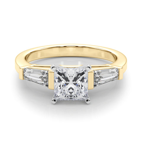 Yellow gold Princess Cut Diamond Solitaire Ring with Tapered Baguette Accents and Four-Prong Setting