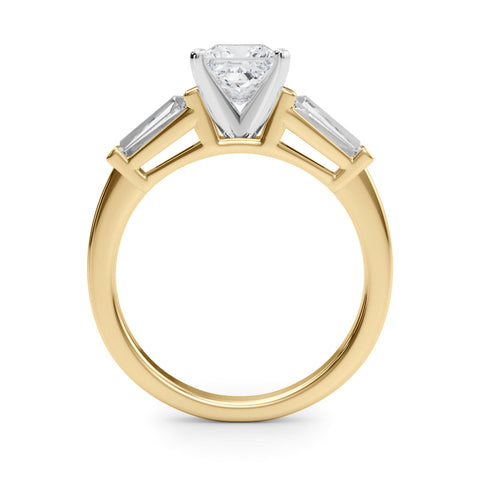 Yellow gold Princess Cut Diamond Solitaire Ring with Tapered Baguette Accents and Four-Prong Setting