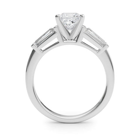 White gold Princess Cut Diamond Solitaire Ring with Tapered Baguette Accents and Four-Prong Setting