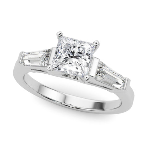 White gold Princess Cut Diamond Solitaire Ring with Tapered Baguette Accents and Four-Prong Setting