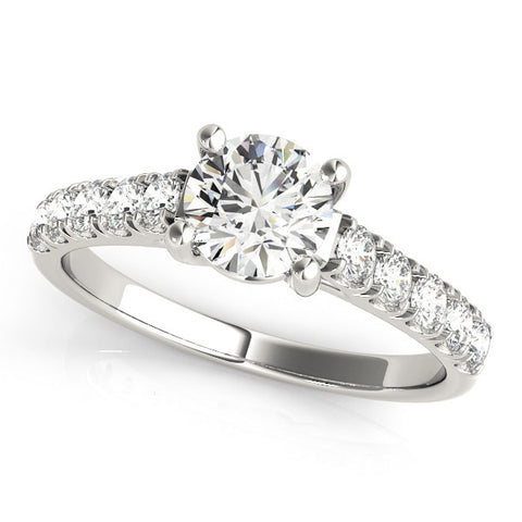White gold Round Cut Diamond Pavé Band Solitaire with Four-Prong Setting