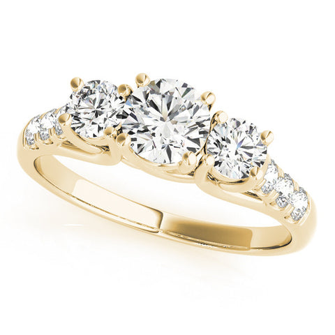 Yellow gold Three-Stone Round Cut Diamond Ring with Channel Set Band and Four-Prong Setting