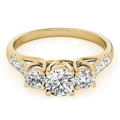 Yellow gold Three-Stone Round Cut Diamond Ring with Channel Set Band and Four-Prong Setting