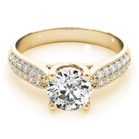 Yellow gold Round Brilliant Solitaire Engagement Ring with Pave Band and Four-Prong Setting