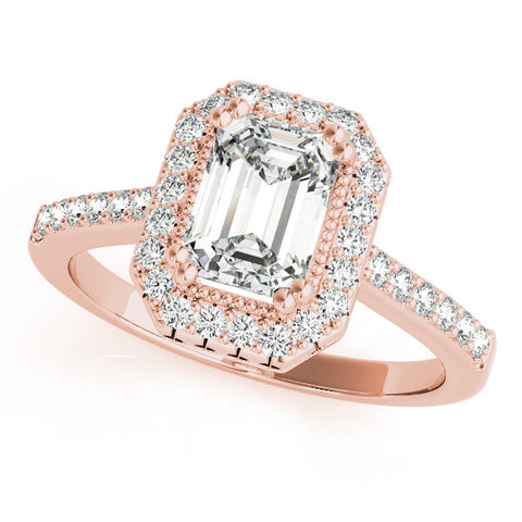 Rose gold Emerald Cut Halo Diamond Ring with Pave Band and Four-Prong Setting