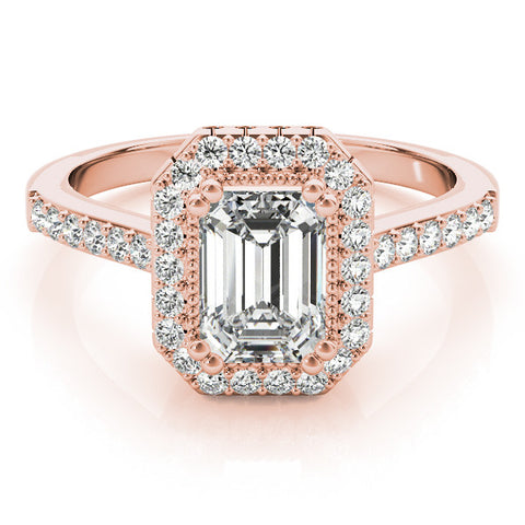 Rose gold Emerald Cut Halo Diamond Ring with Pave Band and Four-Prong Setting