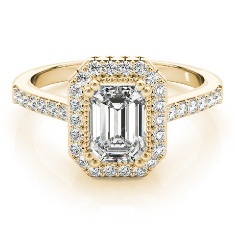 Yellow gold Emerald Cut Halo Diamond Ring with Pave Band and Four-Prong Setting