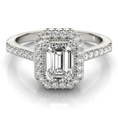 White gold Emerald Cut Halo Diamond Ring with Pave Band and Four-Prong Setting