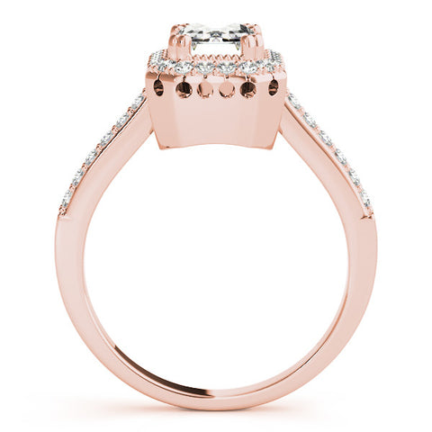 Rose gold Emerald Cut Halo Diamond Ring with Pave Band and Four-Prong Setting