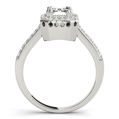 White gold Emerald Cut Halo Diamond Ring with Pave Band and Four-Prong Setting