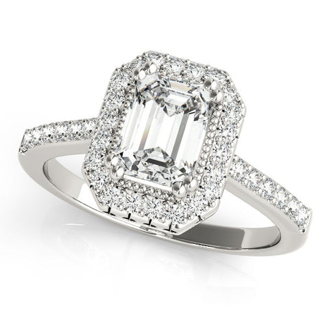 White gold Emerald Cut Halo Diamond Ring with Pave Band and Four-Prong Setting