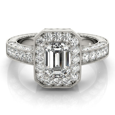 White gold Emerald Cut Halo Diamond Pave Band Ring with Four-Prong Setting