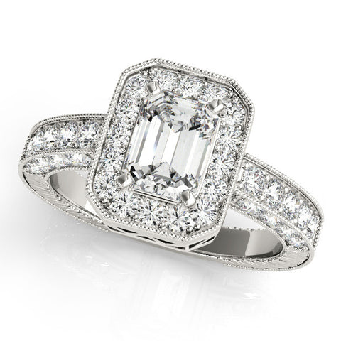 White gold Emerald Cut Halo Diamond Pave Band Ring with Four-Prong Setting