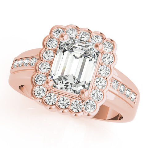 Rose gold Emerald Cut Halo Pave Band Four-Prong Ring