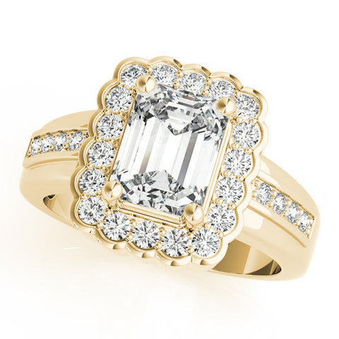 Yellow gold Emerald Cut Halo Pave Band Four-Prong Ring