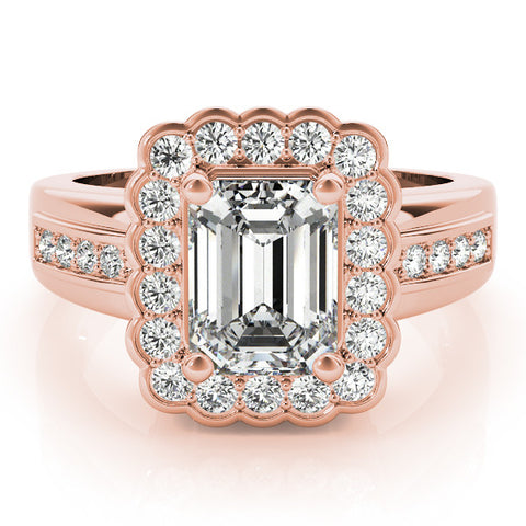 Rose gold Emerald Cut Halo Pave Band Four-Prong Ring