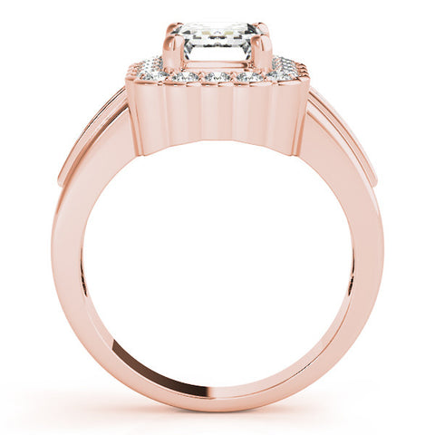 Rose gold Emerald Cut Halo Pave Band Four-Prong Ring
