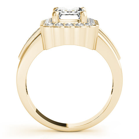 Yellow gold Emerald Cut Halo Pave Band Four-Prong Ring