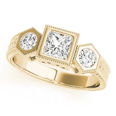 Yellow gold Bezel-Set Princess and Round Cut Milgrain Band Ring