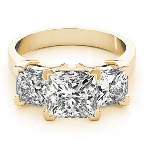 Yellow gold Three-Stone Round Cut Diamond Ring with Channel Set Band and Four-Prong Setting
