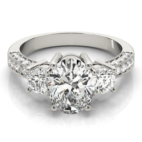 White gold Oval Three-Stone Diamond Ring with Pavé Band and Four-Prong Setting