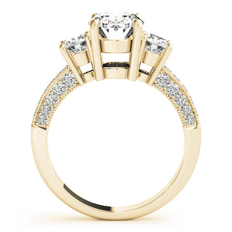 Yellow gold Oval Three-Stone Diamond Ring with Pavé Band and Four-Prong Setting