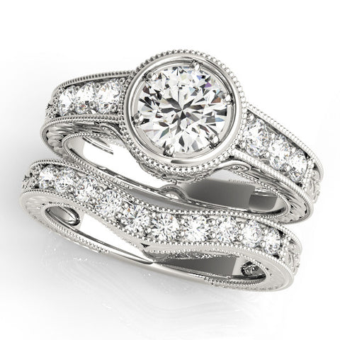 White gold Bezel Set Round Diamond Milgrain Pave Engagement Ring