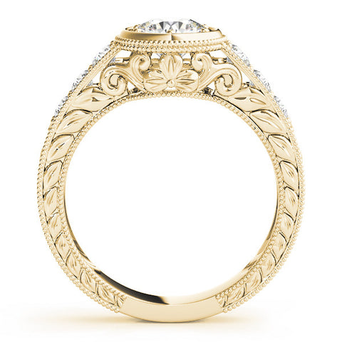Yellow gold Bezel Set Round Diamond Milgrain Pave Engagement Ring
