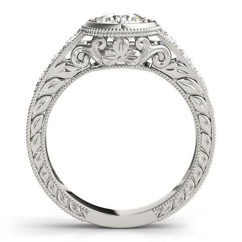 White gold Bezel Set Round Diamond Milgrain Pave Engagement Ring