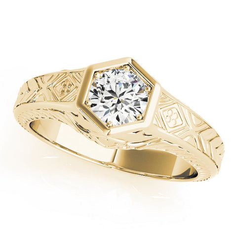 Yellow gold Hexagonal Bezel Round Diamond Engraved Band Ring