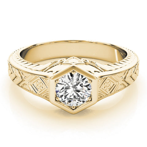 Yellow gold Hexagonal Bezel Round Diamond Engraved Band Ring