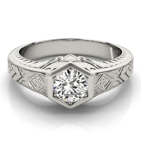 White gold Hexagonal Bezel Round Diamond Engraved Band Ring