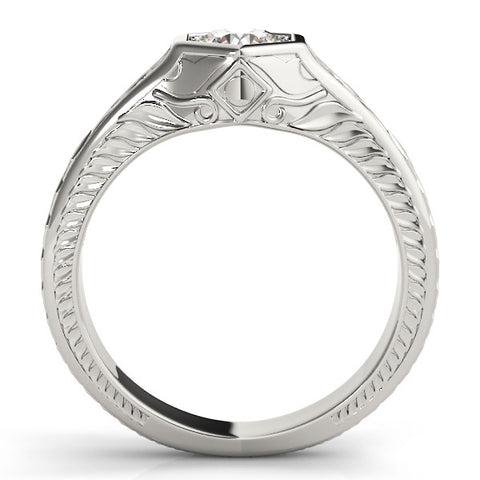 White gold Hexagonal Bezel Round Diamond Engraved Band Ring