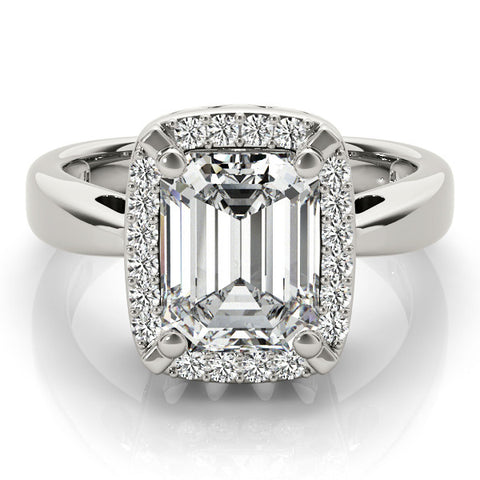 White gold Emerald Cut Diamond Halo Engagement Ring with Split Shank and Four-Prong Setting