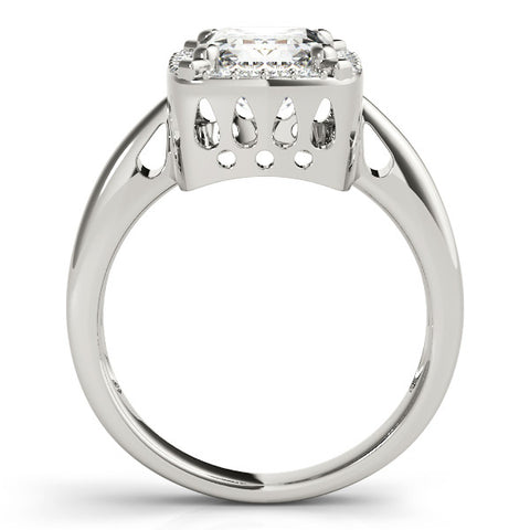 White gold Emerald Cut Diamond Halo Engagement Ring with Split Shank and Four-Prong Setting