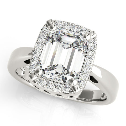 White gold Emerald Cut Diamond Halo Engagement Ring with Split Shank and Four-Prong Setting