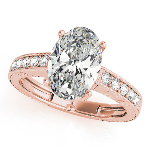 Rose gold Oval Cut Diamond Milgrain Pave Band Four-Prong Setting Ring