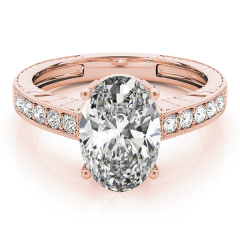 Rose gold Oval Cut Diamond Milgrain Pave Band Four-Prong Setting Ring