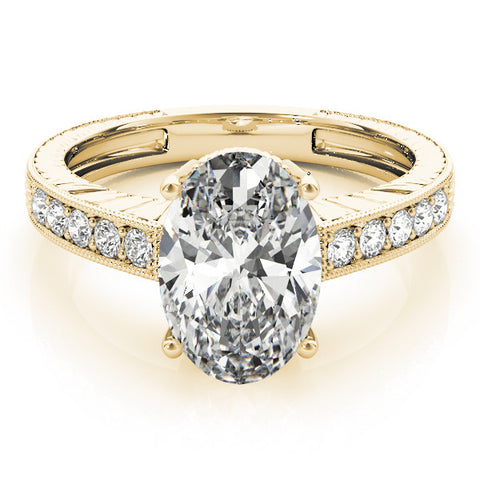 Yellow gold Oval Cut Diamond Milgrain Pave Band Four-Prong Setting Ring