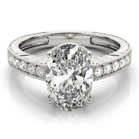 White gold Oval Cut Diamond Milgrain Pave Band Four-Prong Setting Ring