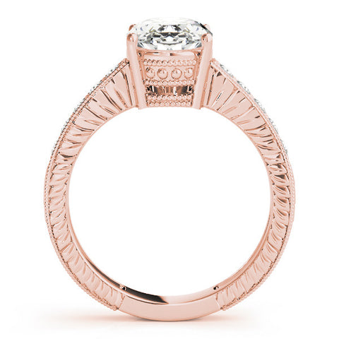 Rose gold Oval Cut Diamond Milgrain Pave Band Four-Prong Setting Ring